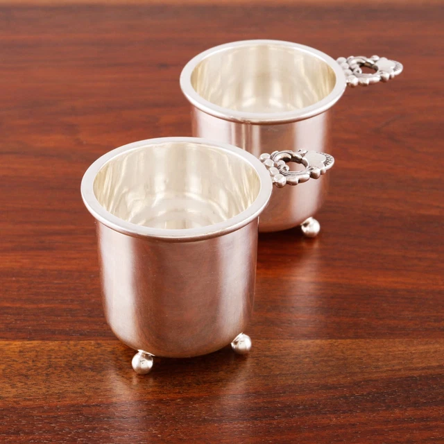 2 Cartier Sterling Silver Ball Footed Whiskey Cups Pierced Handle Acorn Finial
