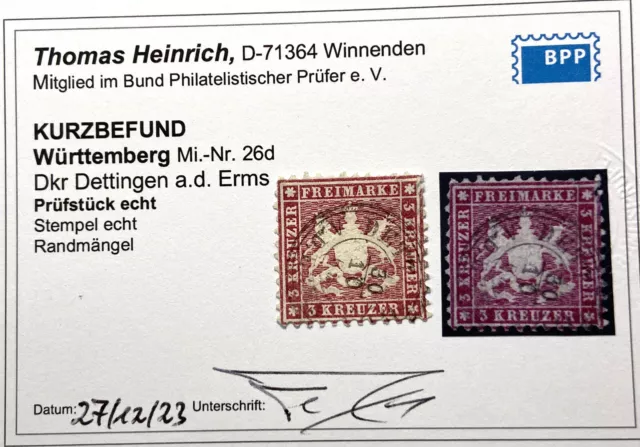 Württemberg - 26d - Befund Heinrich BPP! DKR Dettingen +40P!