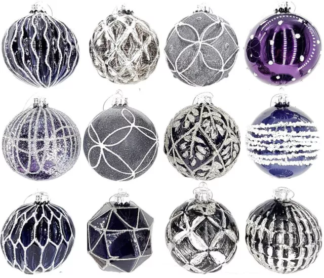 12 Weihnachtskugeln Glas Kugeln Christbaumkugeln Set Christbaumschmuck weiß lila