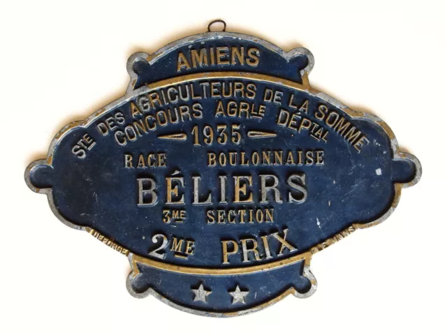 Metallschild aus Frankreich Amiens Race Béliers 1935 2. Preis