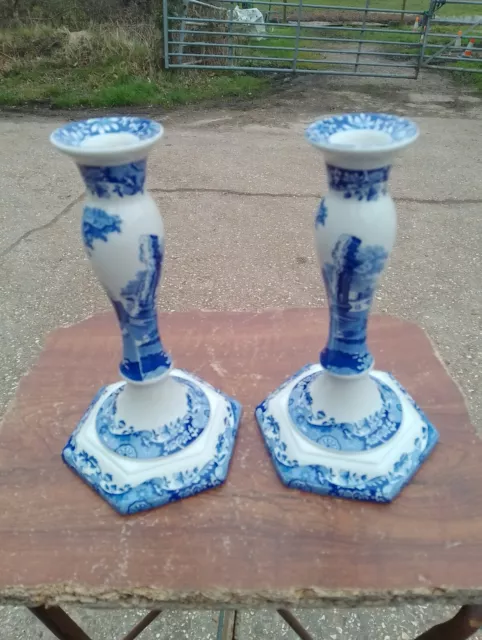 Spode & Copeland blue Italian pair of 9in 23cm candlesticks. Spode design C1816