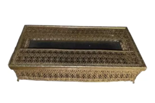 Vintage Tissue Box Holder Hollywood Regency Gold Toned Ornate Filigree