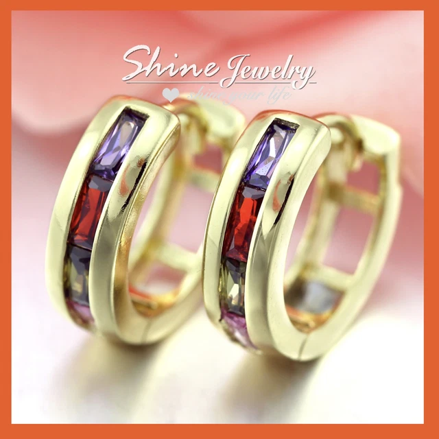 14K Gold Filled Purple Amethyst Crystal Gem Women Girls Dress Hoop Earrings Gift
