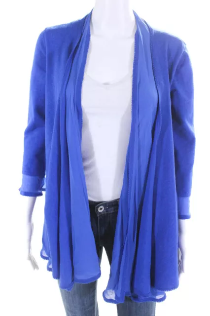 La Perla Women's Long Sleeve Open Front Silk Trim Cardigan Sweater Blue Size 2