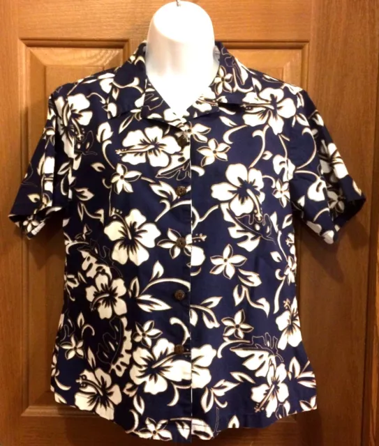 Hilo Hattie The Hawaiian Original Blue & Tan Hibiscus Blouse  Misses Size M