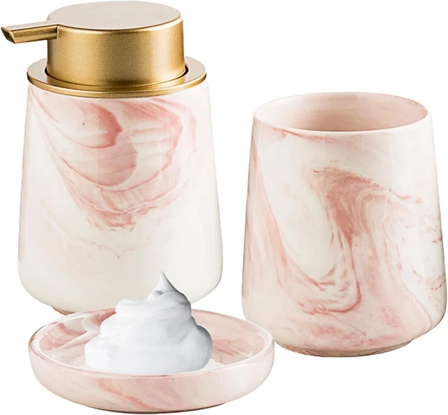 MEIGLQEA Bathroom Soap Dispenser and Toothbrush Holder Pink - Three Piece Set