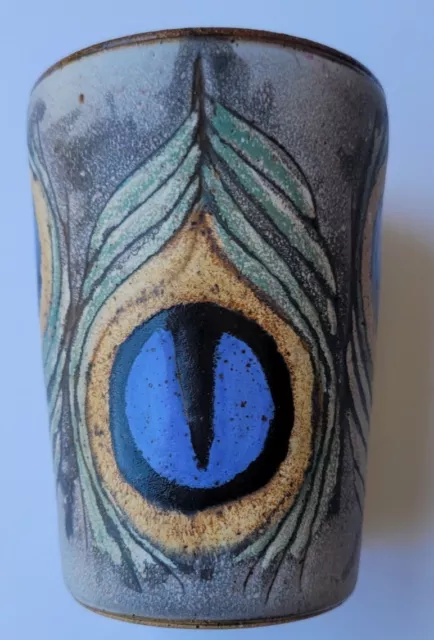 Art Nouveau Hand Made Pottery Vase Peacock Feather EUC Signed 5"