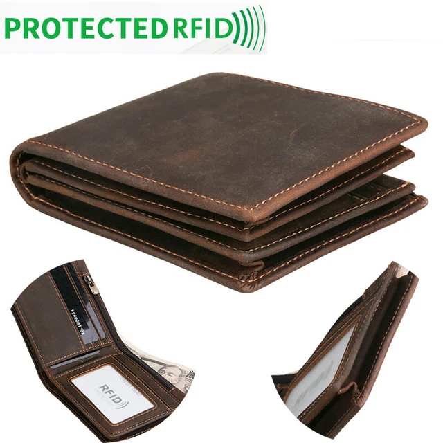 Genuine Leather Mens Billfold Wallet RFID Blocking Card Holder Zipper Coin Purse