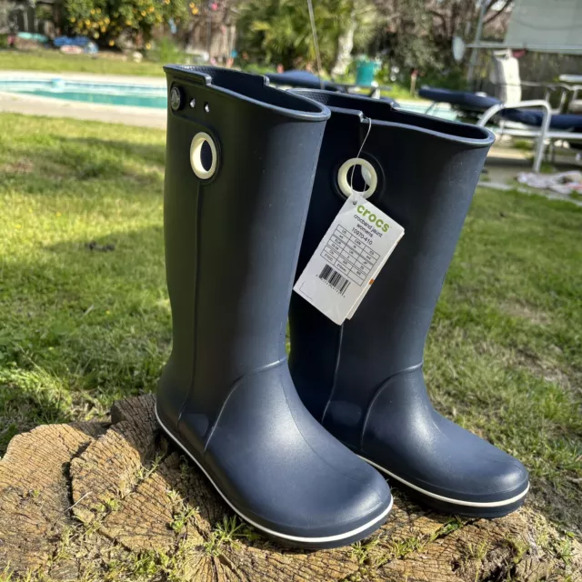 Women's Sz 4 CROCS Jaunt Tall Rain Boots Navy Blue Crocband New