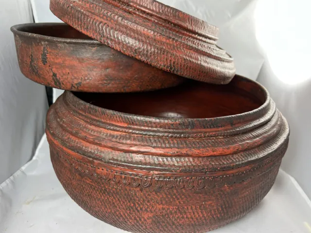 HUGE 16” Burma Carved Offering Red Lacquer 3 Pc Altar Burmese Vintage Food Bowl