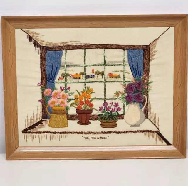 1970s Crewel Thur The Window Finished Framed Needlepoint Picture Vintage Yarn