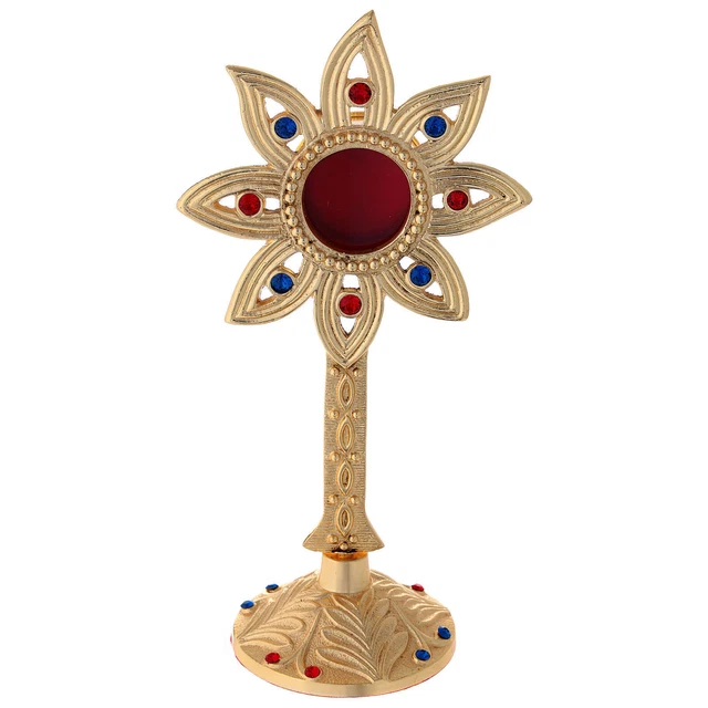 Reliquiario fiore ottone dorato cristalli h 23 cm