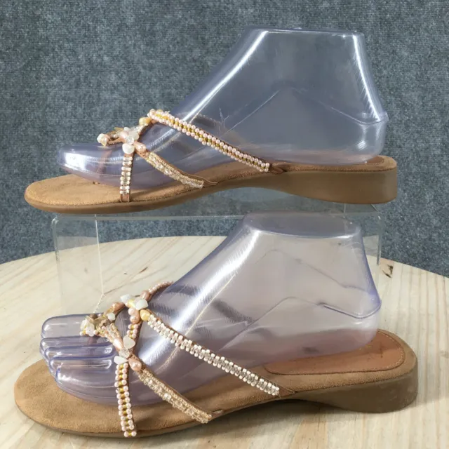 Bandolino Sandals Womens 6.5 M Beaded Strappy Slide Flats Slip On Beige Casual
