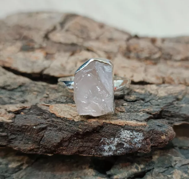 Anillo de plata de ley 925 hecho a mano de estilo étnico de cuarzo rosa...