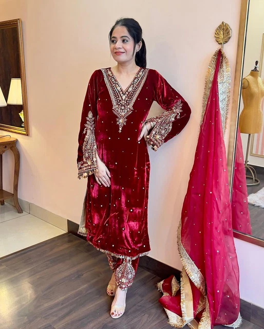 Tuta Salwar Designer Pakistano Bollywood Abbigliamento Invernale Abito In Velluto Matrimonio Indiano