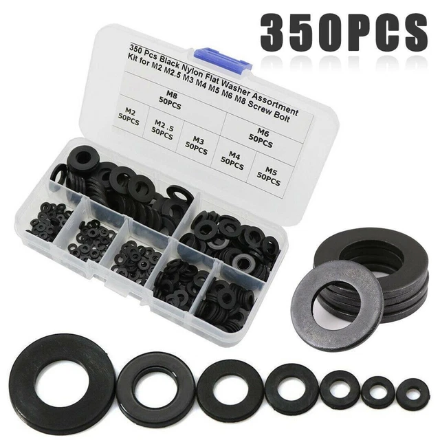 Easy Fix 350 Stck. Schwarz Nylon Flachwaschmaschine Sortiment Kit für M2 M8 Sch
