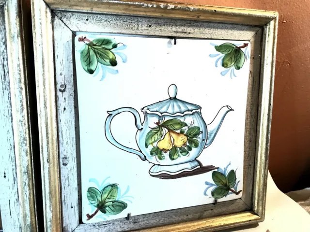 Vintage framed 8” hand-painted TEAPOT ceramic tile,pears,TILE C