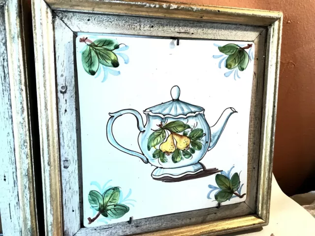 Vintage framed 8” hand-painted TEAPOT ceramic tile,pears,TILE C