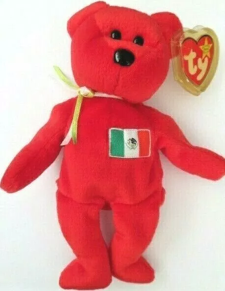 Rare Retired Original 1999 TY Beanie Baby Osito Mexico Bear P.E Pellets, Errors