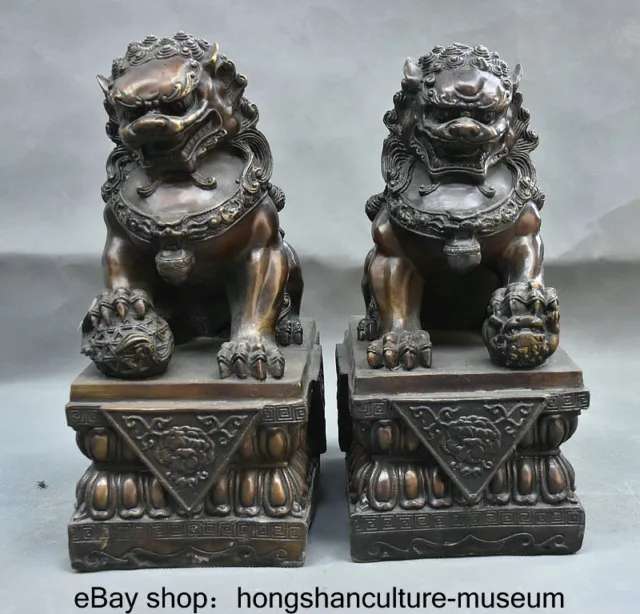 12 " Old Chinese Bronze Fengshui Door Foo Fu Dog Guardion Lion Statue Pair