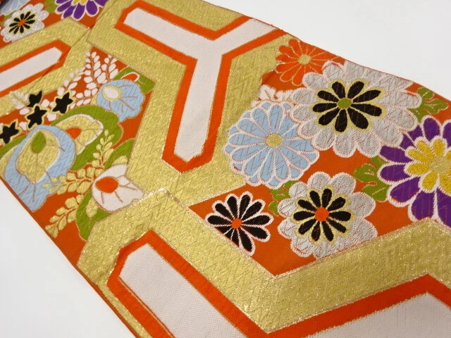 6652222: Japanese Kimono / Antique Fukuro Obi / Woven Paulownia & Kiku
