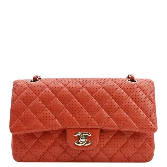 CHANEL Classic Medium Double Flap Quilted Perforated Leather Shoulder Bag Red