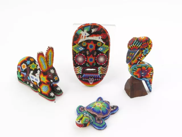 Lot of 4 Mexican Folk Art Huichol Beaded Figures - Animals and Max Wax on Wood