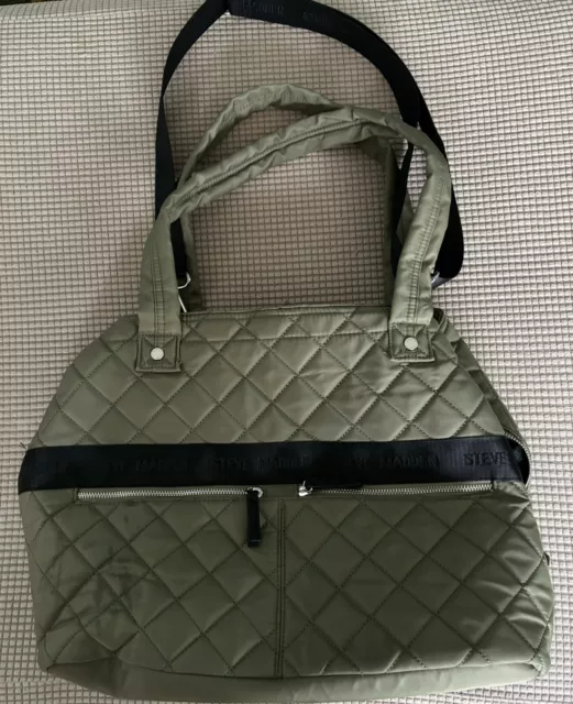 Steve Madden Olive Green Quilted Nylon Tote Bag With Handles And Long Strap