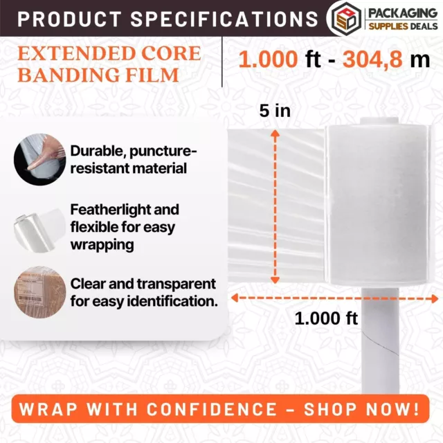 5" x 1000 FT - 80 Gauge Extended Core Banding Film Clear 36 Rolls 2