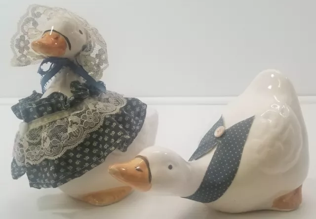 N) Set of 2 Vintage Ceramic Lace Dressed Duck Figurines