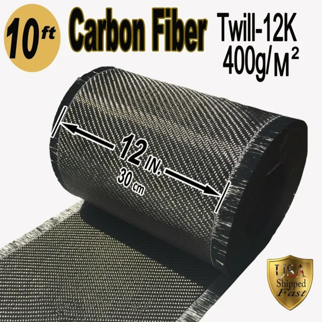 10 FT x 12" - CARBON FIBER FABRIC-2x2 TWILL WEAVE-12K/400g