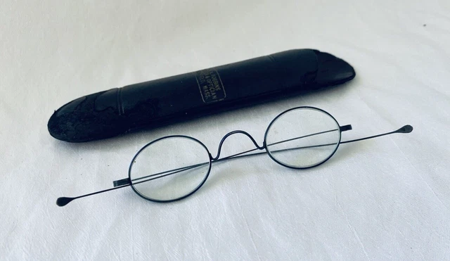Antique Blued Steel Franklin Looking Eyeglasses with Tube Case