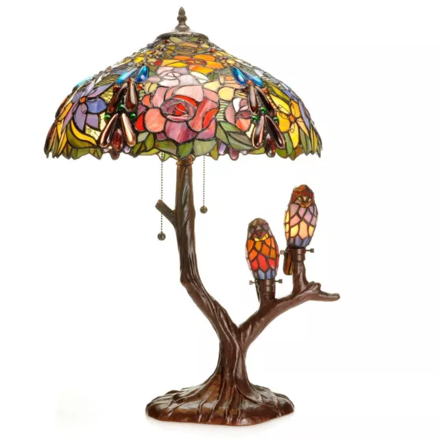 Tiffany Style Stained Glass Bird Theme Victorian Table Accent Reading Tree Lamp