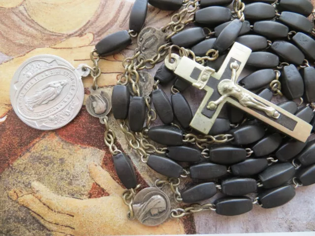 Long Antique 'Lourdes' Oval Black Wood Beads Pilgrimage Rosary-Medals 76.5cm