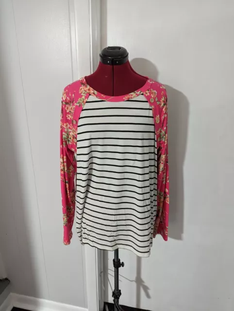 Haptics Women's Long Sleeve Top, Large, Black And White Stripes, Pink Floral