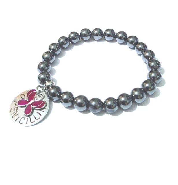 Pulsera de alerta médica SOS cuentas de hematita elásticas de emergencia y disco médico