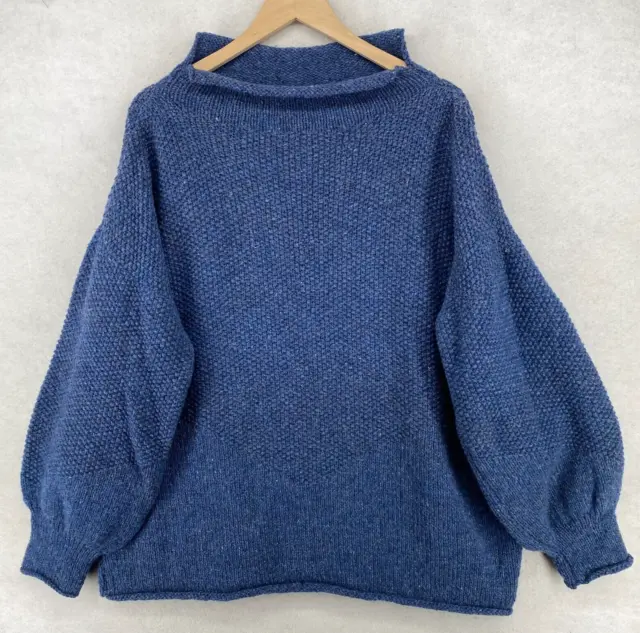 Sweater Womens XL Hand Knit Waffle Oversized Balloon Sleeve Pullover Blue VTG