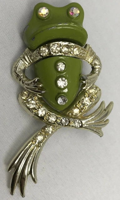 FROG Green Vintage Brooch Pin Rhinestone Crystal Accents Silver Tone