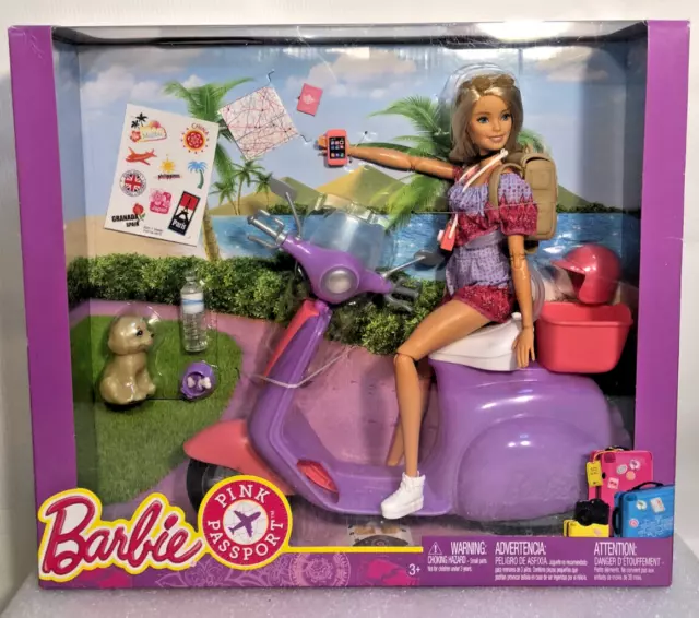 Mattel Barbie Pink Passport Playset Doll & Purple Scooter FNY34