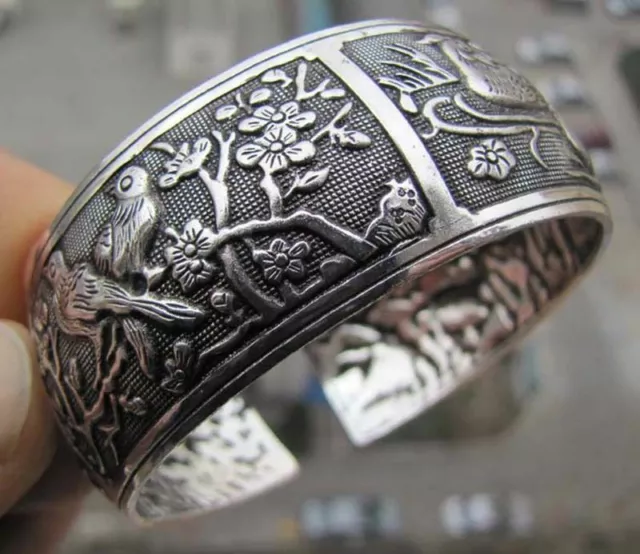 Nice New Wide Tibetan Silver Convex Carved Bird & Flower Cuff Bangle Bracelet