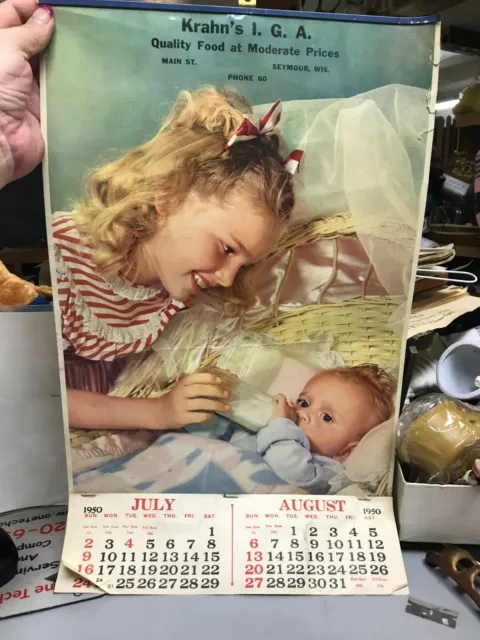 VTG Krahn's IGA Grocery Store Advertising Calendar Seymour WI Girl Baby 1950