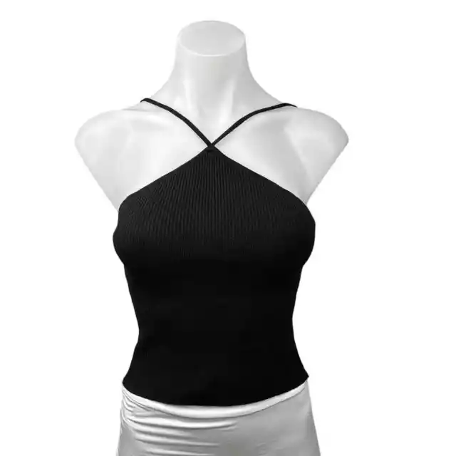 Zara Black Ribbed Knit Halter Spaghetti Strap Camisole Cropped Cami Tank Top S