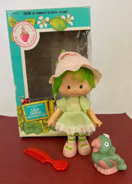 Vintage 1980s 🍓 STRAWBERRY SHORTCAKE 🍓 Lime Chiffon Doll with Parfait Parrot++