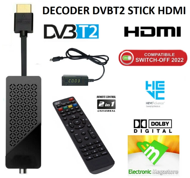 ELCART Ricevitore DVB-T2 HDMI Sticker – Decoder Terrestre H.265 Con Telecomando Universale