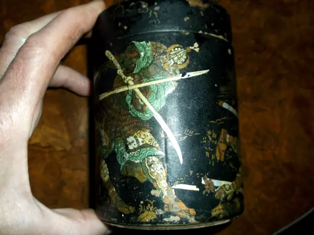 Rare Antique 19 C Japanese Samurai Warriors In Mortal Combat, Papier Mache Caddy