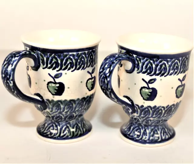 Set Of 2 Polish Pottery Coffee Mugs MANUFAKTURA BOLESLAWCU Poland Pedestal 12oz 2