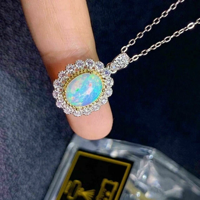 2Ct Oval Cut Simulated Fire Opal Halo Pendant 14k White Gold Plated Free Chain