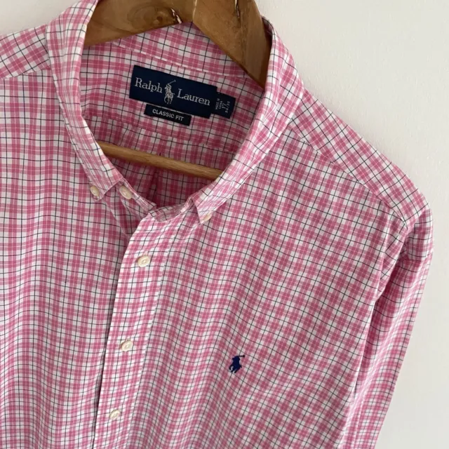 Polo Ralph Lauren Shirt Mens 2XL XXL Pink Check Classic Fit Cotton Long Sleeve