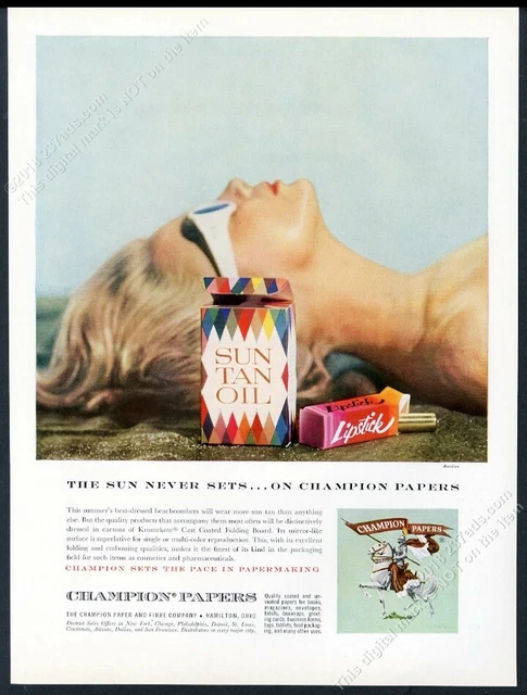 1958 Richard Avedon photo Champion Papers sun tan oil box vintage print ad