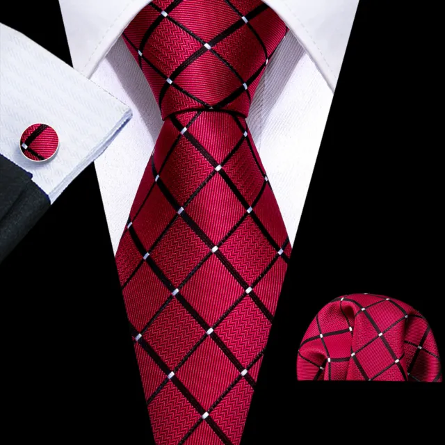 ITALIAN DESIGNER Red & Black POLKA SILK TIE, HANKY & CUFFLINKS